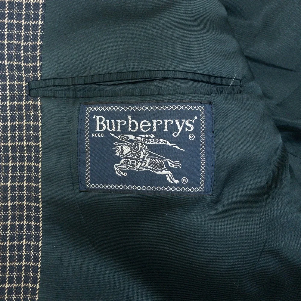 Burberrys Blazer Mens Size 48L Navy Blue Check Pattern Two Button Sport Coat